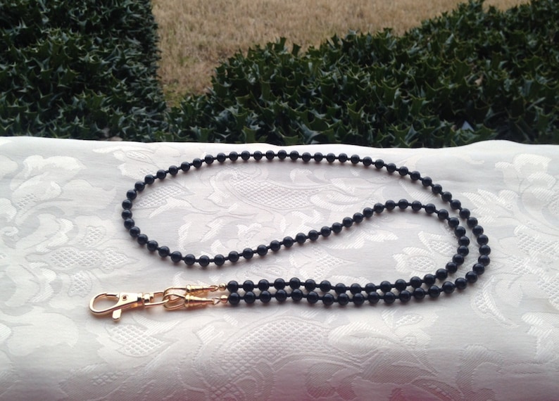 Black ID Lanyard Crystal Pearl Beaded Lanyard Necklace ID Badge Holder Face Mask Holder image 1