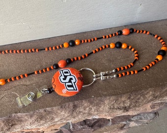 Oklahoma State OSU Beaded Lanyard Black and Orange ID Badge Lanyard