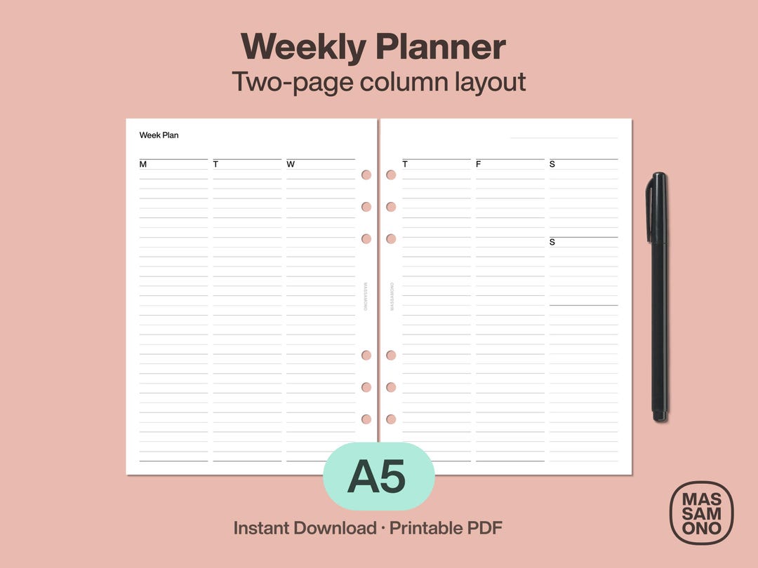 A5 Weekly Planner Printable Insert | Two-page Column Layout | Minimal ...