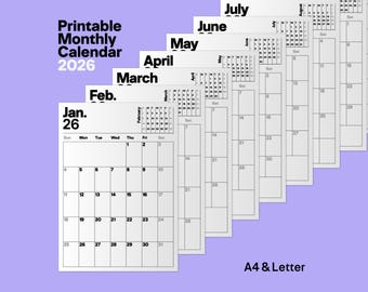 2026 Monatskalender zum Ausdrucken | Sauberes minimales vertikales Layout | A4 & US Letter | Montag/Sonntag Start