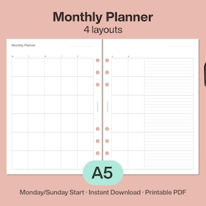 Planner Mensual A5 imprimible | Calendario mensual sin fechas | Inicio lunes o domingo | 5 o 6 semanas | Inserto para archivador