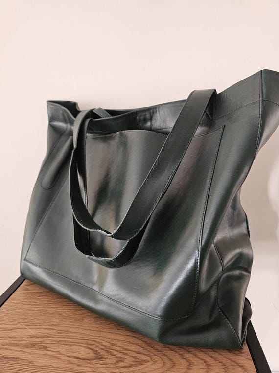 Handcrafted Green Leather Tote Bag, Soft Calf Leather Shopper