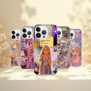 May include: A collection of phone cases featuring Rapunzel from the movie Tangled. The cases showcase various designs, including illustrations of Rapunzel, floating lanterns, and musical notes. The color palette includes shades of purple, yellow, and beige.