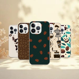 May include: A collection of phone cases with coffee-themed designs. The cases feature patterns of coffee beans, coffee-making equipment, and leaves. The color palette includes shades of brown, green, and cream. The cases are designed to fit a smartphone.