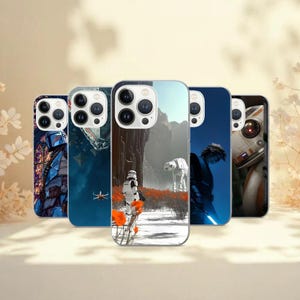 May include: A collection of five phone cases featuring Star Wars-themed designs. The cases showcase various characters and scenes, including a stormtrooper, a spaceship, and a lightsaber duel. The cases have a glossy finish and are designed to fit a smartphone.