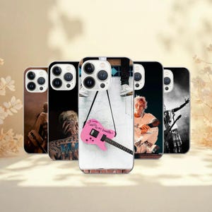 May include: Five phone cases are displayed, each with a unique design. One case features a pink guitar with the text "Tickets to my Downfall." Other cases show images of a person in various poses.