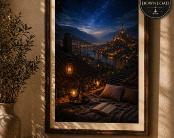 Velaris Rooftop Night Scene | City of Starlight Print | Lantern Lit Wine Balcony | Romantic Fae Wall Art | Digital Download