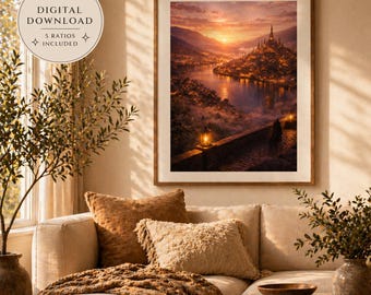 Velaris Sunset City of Starlight Print | Golden Hour Fantasy Cityscape | Night Court Inspired Wall Art | Romantasy Digital Download