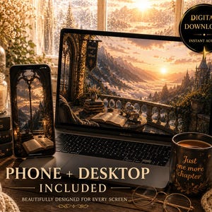 May include: A digital download featuring a fantasy-themed wallpaper for phone and desktop. The screen displays a balcony overlooking a mountain range at sunset, with a book and tea set. A black mug with the text Just one more chapter is included.