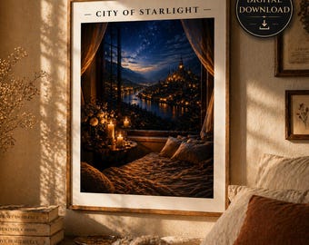 Velaris Bedroom Night View | City of Starlight Print | Candlelit Window Scene | Cozy Romantic Fantasy Wall Art | Digital Download