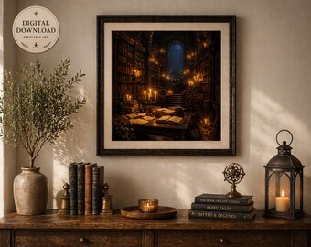 Moody Dark Academia Library Print | Candlelit Fae Study | Fantasy Book Room Aesthetic | Romantasy Wall Art | Digital Download