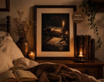 Candlelit Wine Still Life Print | Dark Academia Gothic Decor | Moody Fae Study Aesthetic | Romantic Fantasy Wall Art | Digital Download