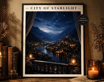 Velaris City of Starlight Print | Night Court Balcony View | Starlit Fantasy Cityscape | Romantic Fae Wall Art | Digital Download