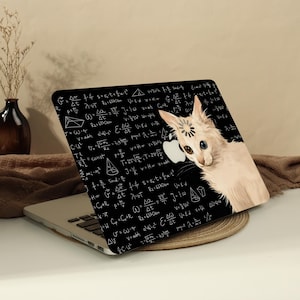 May include: A laptop skin featuring a black background covered in white mathematical formulas and equations. On the right side, a light-coloured cat with heterochromia is depicted, with a loading icon positioned on its forehead near the Apple logo.