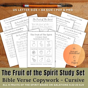 May include: A set of handwriting practice sheets with the title "The Fruit of the Spirit" in cursive. The image includes a pencil and the words "Instant Download" and "15 Pages". The paper size is US Letter and A4.