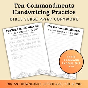 Può includere: Due fogli bianchi di esercizi di calligrafia con il testo "The Ten Commandments THIRD COMMANDMENT" e versetti biblici. Una grafica circolare arancione recita "THIRD COMMAND EXODUS 20:7 KJV". Il testo in alto recita "Ten Commandments Handwriting Practice".