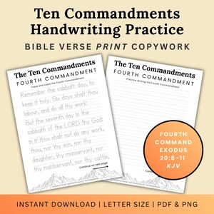 May include: Two handwriting practice sheets with the text "The Ten Commandments Fourth Commandment." One sheet has the verse to trace, the other is blank. A circular graphic reads "Fourth Command, Exodus 20:8-11, KJV."