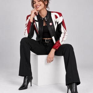 Red Black White Motorcycle Sheepskin Jacket for Women, Cafe Racer Leather Jacket