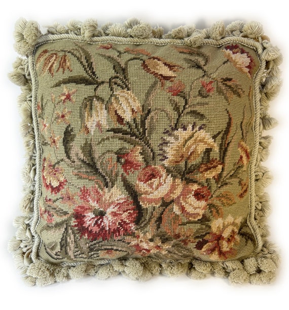 Antique Floral Beaded Needlepoint Pillow