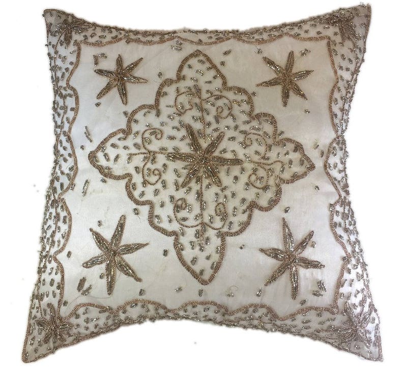 White Beaded Silk Pillow