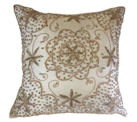 White Beaded Silk Pillow Etsy