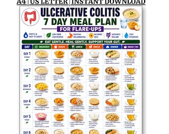 May include: A digital meal plan chart titled Ulcerative Colitis 7 Day Meal Plan for Flare-Ups. The document features a grid layout with columns for breakfast, snacks, lunch, and dinner for each day of the week, including food illustrations.