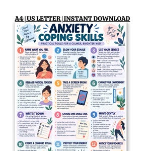 May include: A digital poster titled Anxiety Coping Skills featuring twelve numbered steps with illustrations and text. The layout includes icons for breathing, senses, and movement, with a color palette of blue, pink, and white. Text includes A4, US LETTER, INSTANT DOWNLOAD, and practical advice for mental wellness.