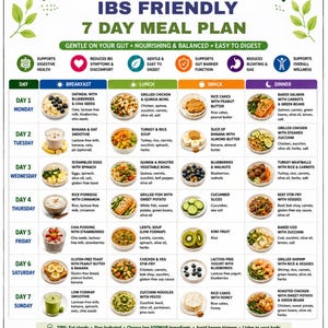 May include: A digital 7-day IBS friendly meal plan chart titled A4 | US LETTER | INSTANT DOWNLOAD. The grid displays daily breakfast, lunch, snack, and dinner options with food images and descriptions, plus sections for tips, foods to limit, and goals.
