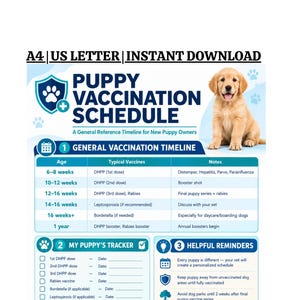 May include: A digital puppy vaccination schedule chart featuring a golden retriever puppy, a blue shield icon with a paw print, and text including A4, US LETTER, INSTANT DOWNLOAD, PUPPY VACCINATION SCHEDULE, and a table detailing vaccine timelines.