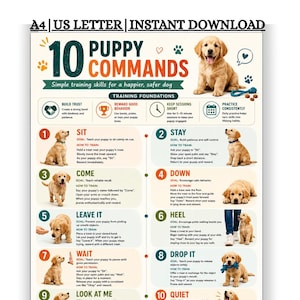 May include: A digital poster titled 10 PUPPY COMMANDS featuring a golden retriever puppy and instructional text for training. The chart includes ten numbered sections with illustrations of a puppy demonstrating commands like sit, stay, come, and down.