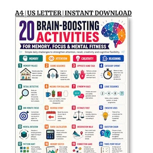 Pode incluir: Uma folha imprimível intitulada 20 Brain-Boosting Activities for Memory, Focus & Mental Fitness. O documento apresenta um gráfico colorido de um cérebro e uma grade numerada de vinte exercícios cognitivos, cada um com ícone e instruções.