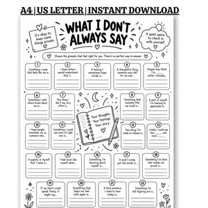 Op de afbeelding: Een zwart-wit printbaar werkblad getiteld WHAT I DON'T ALWAYS SAY, met tweeëntwintig genummerde prompts voor zelfreflectie. De pagina bevat lijntekeningen van hartjes, sterren, bloemen en een illustratie van een notitieboekje met een potlood.