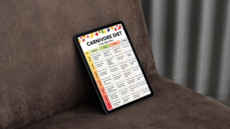 May include: A digital tablet displaying a Carnivore Diet 7-Day Meal Plan. The screen shows a grid organized by days of the week and meal categories including breakfast, lunch, dinner, and snacks, with colorful fruit and vegetable icons at the top.