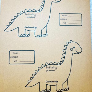 May include: Tan paper with two dinosaur illustrations in black ink. Each dinosaur has a long neck and a friendly expression. Text in German reads "Einladung zu meinem Geburtstag" and includes fill-in-the-blank sections for date, time, and location.