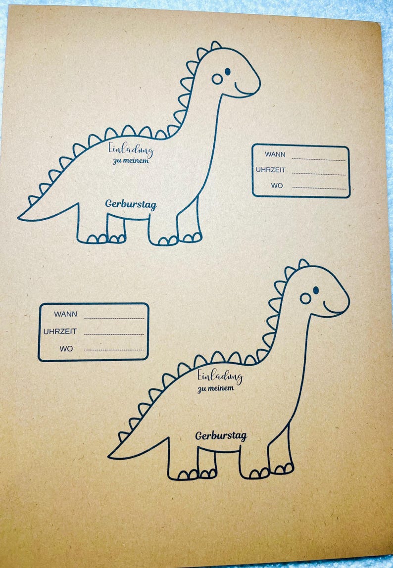 May include: Tan paper with two dinosaur illustrations in black ink. Each dinosaur has a long neck and a friendly expression. Text in German reads "Einladung zu meinem Geburtstag" and includes fill-in-the-blank sections for date, time, and location.
