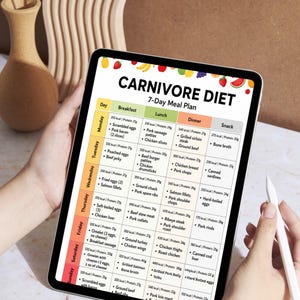 May include: A digital tablet displaying a Carnivore Diet 7-Day Meal Plan chart. The table lists daily breakfast, lunch, dinner, and snack options with calorie and protein counts. The header features colorful fruit illustrations, and the text is black.