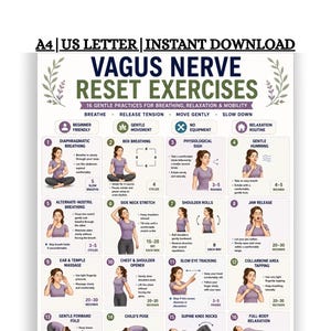 May include: A white informational poster titled Vagus Nerve Reset Exercises featuring 16 numbered illustrations of a person in a purple shirt performing various breathing, relaxation, and mobility movements with text instructions for each practice.