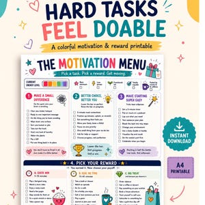Motivación para tareas en TDAH (PDF imprimible), Sistema de recompensa para sobornar al cerebro, Menú de dopamina, Herramienta para la disfunción ejecutiva, Tabla de tareas para la procrastinación