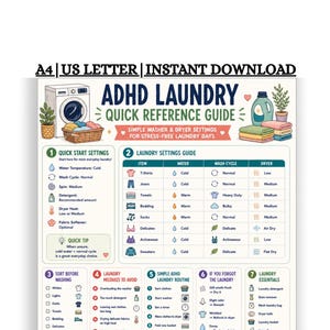 May include: A digital ADHD Laundry Quick Reference Guide poster featuring laundry icons, a settings table, and tips. The text includes A4 | US LETTER | INSTANT DOWNLOAD, ADHD LAUNDRY QUICK REFERENCE GUIDE, and sections for settings, mistakes, and routines.