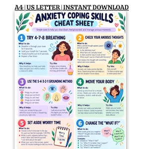 May include: An Anxiety Coping Skills Cheat Sheet poster featuring six numbered sections with illustrations and text. It includes instructions for 4-7-8 breathing, checking anxious thoughts, the 5-4-3-2-1 grounding method, moving your body, setting aside worry time, and changing the what if.