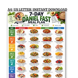 Può includere: Un piano alimentare di 7 giorni per il digiuno di Daniele con una griglia che mostra le opzioni giornaliere per colazione, pranzo, cena e spuntini. Il documento include intestazioni di testo, fotografie di cibo e icone per ogni giorno.