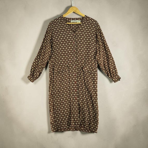 Vintage 90s Liz Claiborne Silk Shirt Dress Art Teacher Academia Brown Geometric