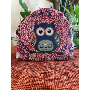 Vintage Whimsy Owl Tapestry Mini Backpack Red Floral Boho Woven Small Rucksack