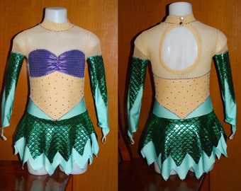 Little Mermaid inspired figure ice skating dress 4-6-8-10-12-14-16 years girls with crystals. Competition dress. Made to order