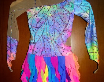 NEW COLORFUL dress with SPIRAL ruffle fringe skirt for figure skating or dance. Made to order