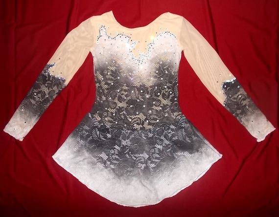 BLACK and WHITE ombre dyed lace figure skating dress with 300+ crystals. Competition dress. Made to order