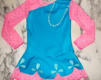 Trolls princess Poppy inspired figure ice skating dress 4-6-8-10-12-14-16 years girls. Made to order