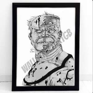 Op de afbeelding: Zwart-wit ingelijste print van een mannenportret. Het kunstwerk maakt gebruik van een stippeltechniek, met donkere spetters over het gezicht en lichaam. De print is gesigneerd door de kunstenaar, W. Hall, en bevat de tekst "WALL ART GB".