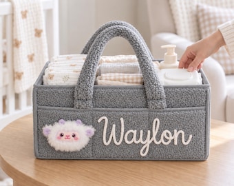 Cesto Organizador de Fraldas Personalizado com Nome e Aplique de Pelúcia de Animal para Berçário - Ideal para Chá de Bebê - Presente Perfeito para Recém-Nascidos - Menina ou Menino
