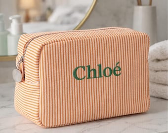 Organizador de maquillaje personalizado con nombre, bordado a rayas, neceser de viaje, regalo para despedida de soltera, regalo para ella, mamá, amiga, monograma personalizado, accesorio ZipPouch